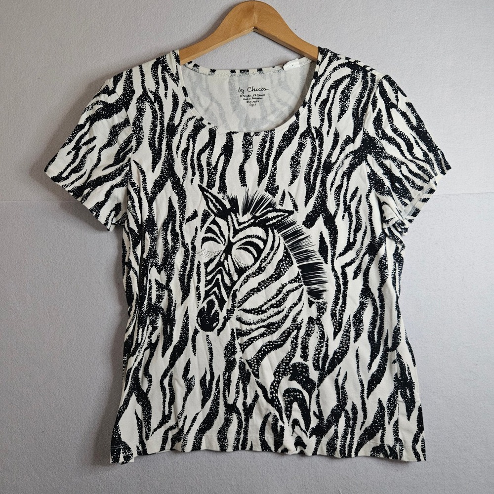 Chicos Zebra Print Graphic Tee Black White Short Sleeve Scoop Neck Cotton Size 2